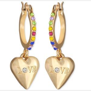 Guess Gold-Tone Crystal Love Heart Drop Hoop Earrings, 0.62 - Gold